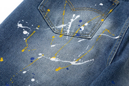 JEANS EN DENIM À CŒURS CHROMÉS ET CROIX VERTES