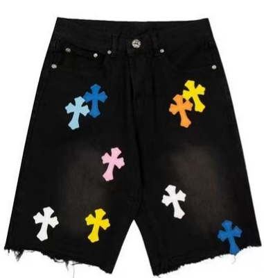 Short en jean noir à écusson multicolore Chrome Hearts