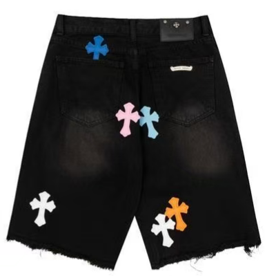 Short en jean noir à écusson multicolore Chrome Hearts