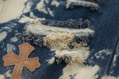 JEANS BLANC ORANGE À CŒURS CHROMÉS TIE-DYE ET ÉCUSSONS CROISÉS