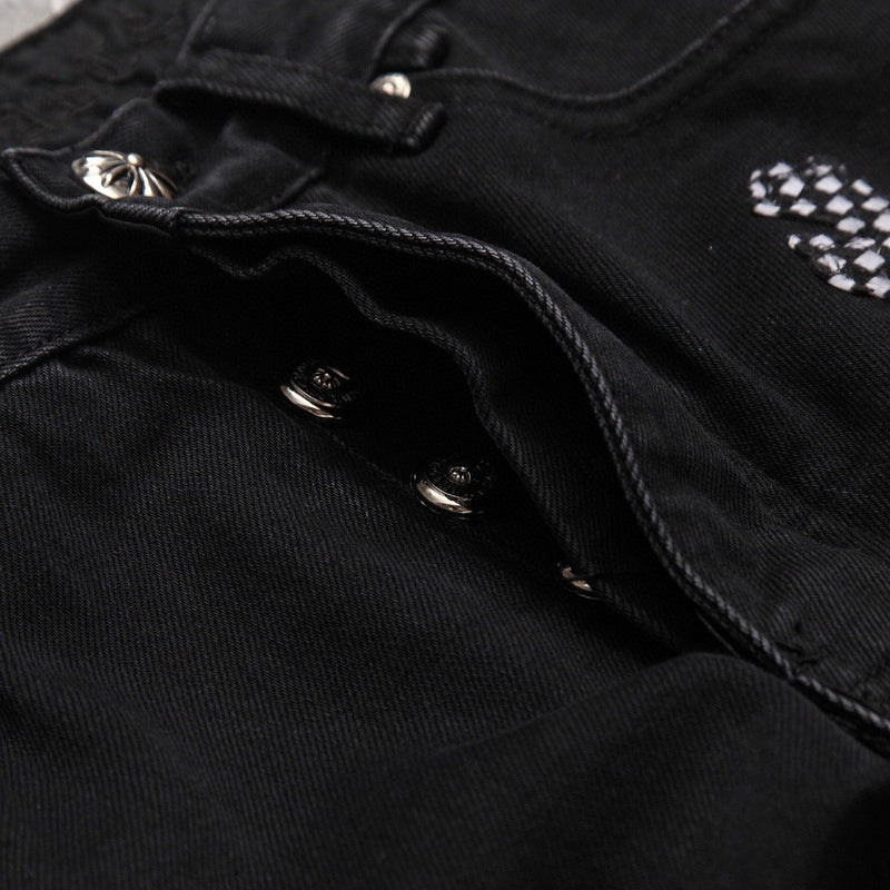 Jean Fleurknee noir à motifs de cœurs chromés roses et à carreaux croisés