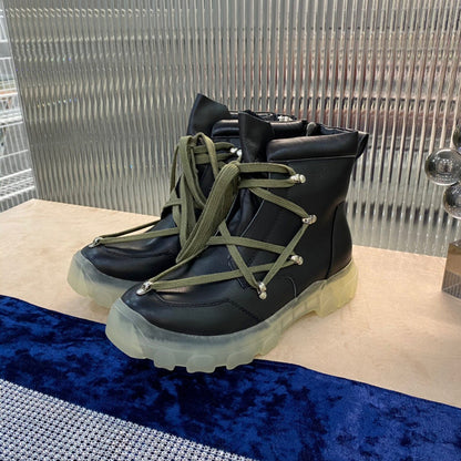 Bottes de combat Rick Owens - Cuir noir avec lacets olive et semelle translucide