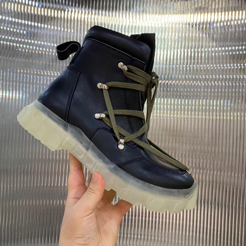 Bottes de combat Rick Owens - Cuir noir avec lacets olive et semelle translucide