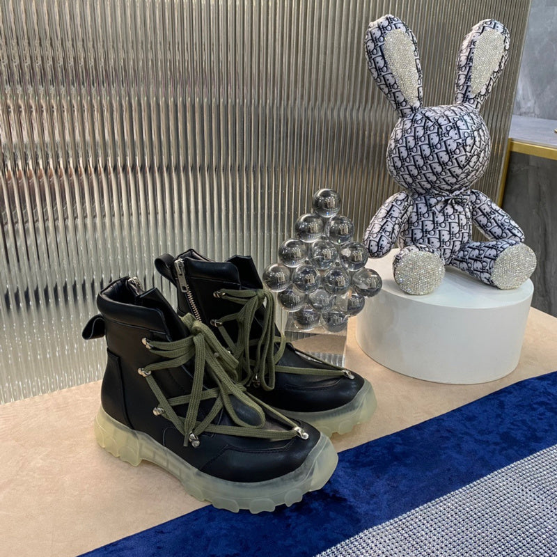 Bottes de combat Rick Owens - Cuir noir avec lacets olive et semelle translucide