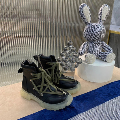 Bottes de combat Rick Owens - Cuir noir avec lacets olive et semelle translucide