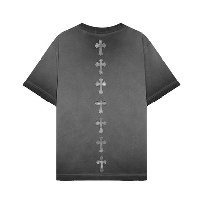T-SHIRT À ÉCUSSON CROISÉ CŒURS CHROMÉS GRIS DÉLAVÉ