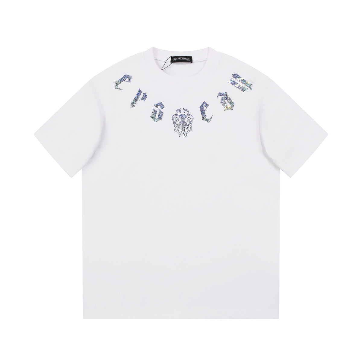 T-SHIRT BLANC À MOTIFS DE CŒURS CHROMÉS ET PAILLETTES