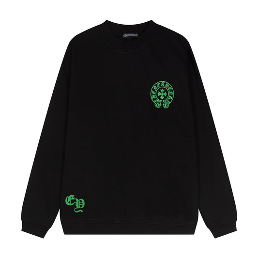 Sweat-shirt noir avec logo de fer à cheval vert et cœurs chromés