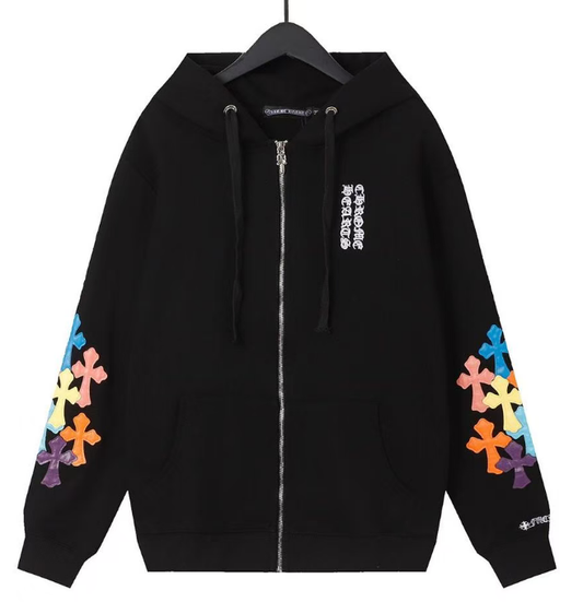 Sweat à capuche zippé noir à écusson croisé multicolore Chrome Hearts