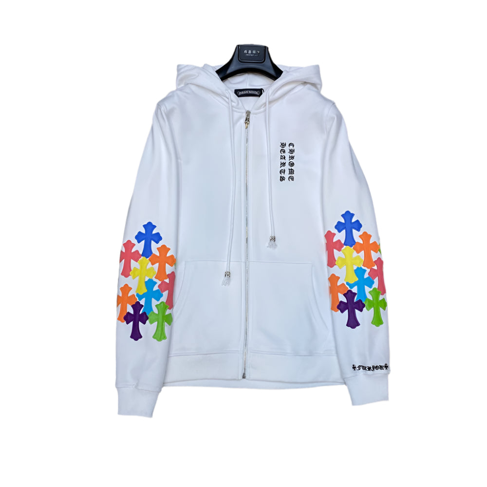 Sweat à capuche zippé blanc à écusson croisé multicolore Chrome Hearts