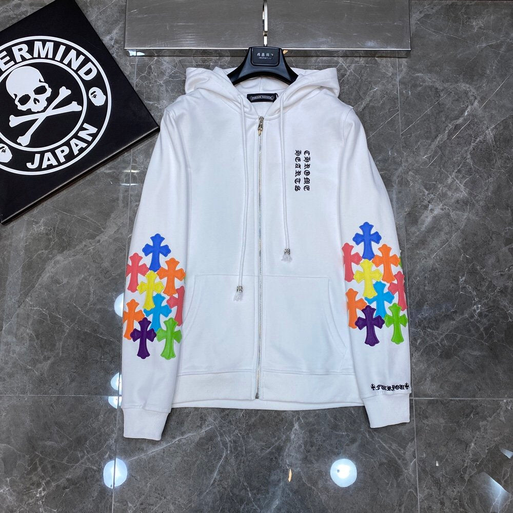 Sweat à capuche zippé blanc à écusson croisé multicolore Chrome Hearts