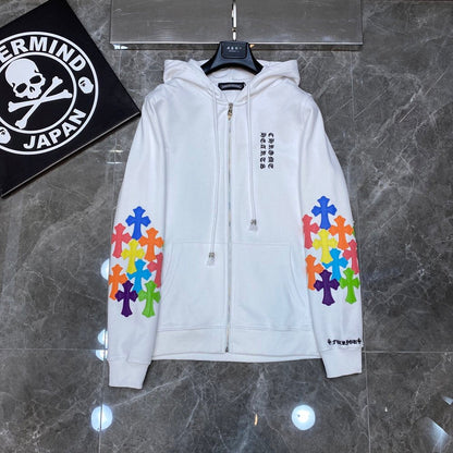 Sweat à capuche zippé blanc à écusson croisé multicolore Chrome Hearts
