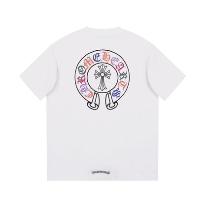T-shirt blanc avec logo de fer à cheval multicolore Chrome Hearts