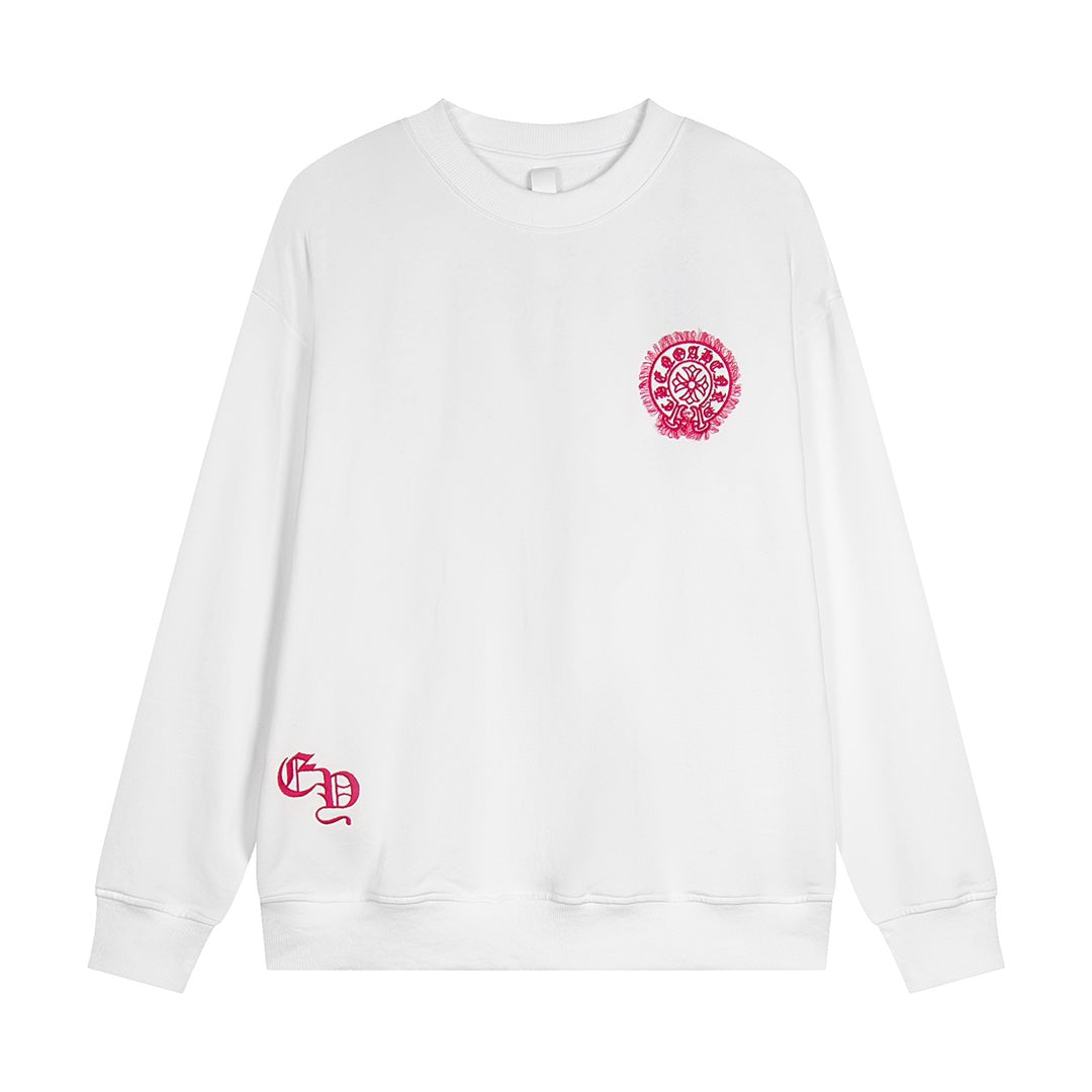 Sweat-shirt blanc avec logo de fer à cheval rose et cœurs chromés