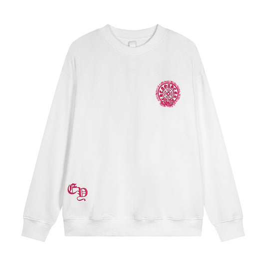 Sweat-shirt blanc avec logo de fer à cheval rose et cœurs chromés