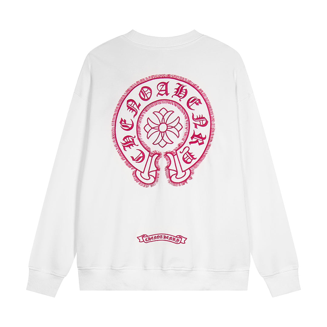 Sweat-shirt blanc avec logo de fer à cheval rose et cœurs chromés