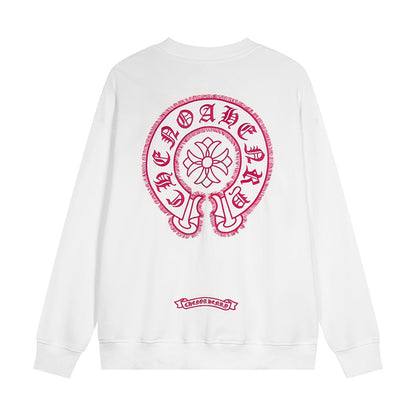 Sweat-shirt blanc avec logo de fer à cheval rose et cœurs chromés