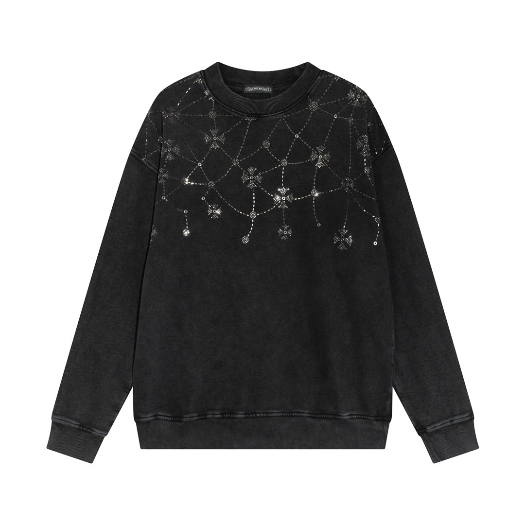 Sweat-shirt à motifs de cœurs chromés et strass, noir délavé