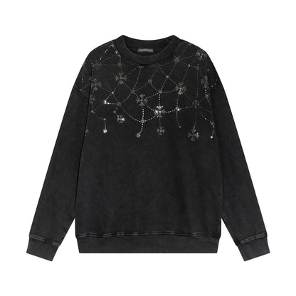Sweat-shirt à motifs de cœurs chromés et strass, noir délavé