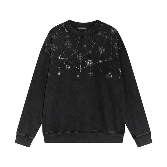 Sweat-shirt à motifs de cœurs chromés et strass, noir délavé