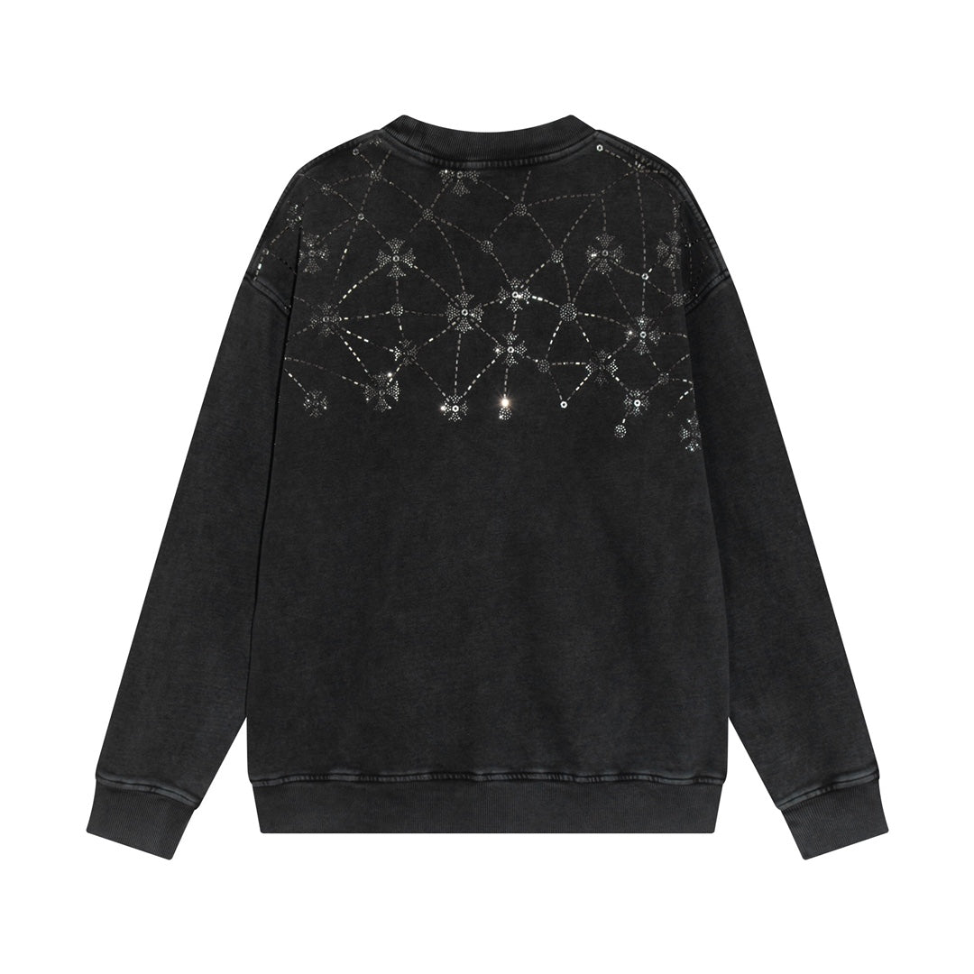Sweat-shirt à motifs de cœurs chromés et strass, noir délavé