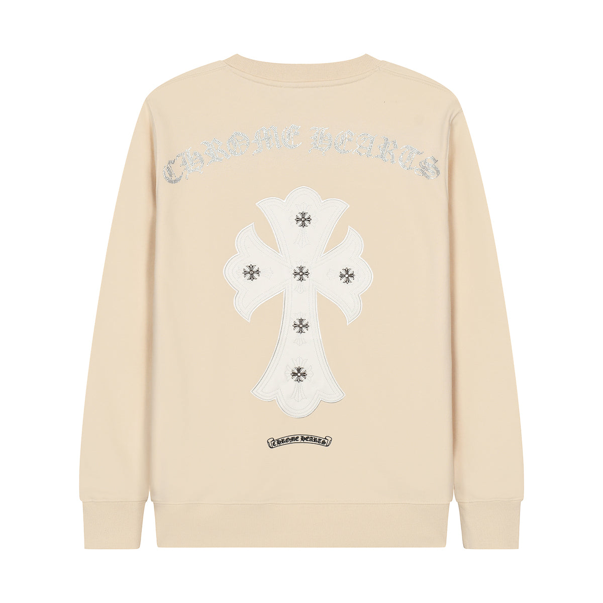 SWEAT-SHIRT BEIGE À ÉCUSSON CŒURS CHROMÉS ET CROIX BLANCHES