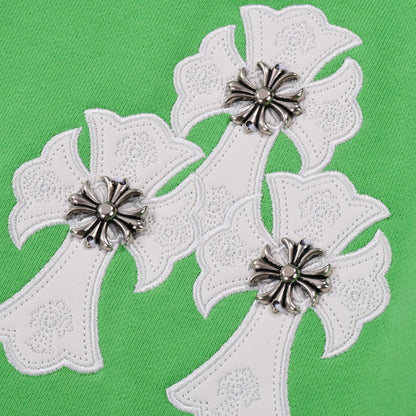 SWEAT-SHIRT VERT À CŒURS CHROMÉS ET CROIX BLANCHES