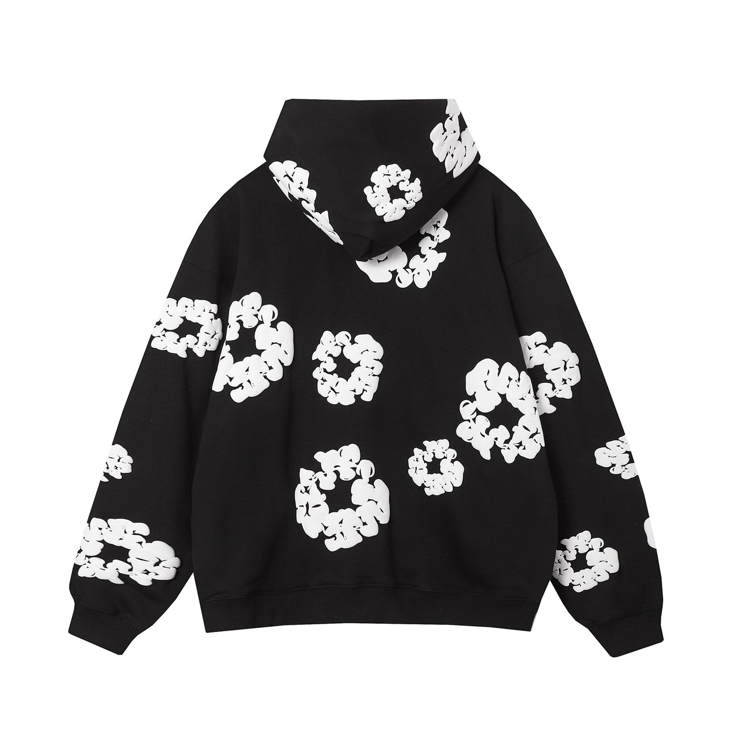 Sweat à capuche noir en coton avec motif de déchirures de denim et couronne
