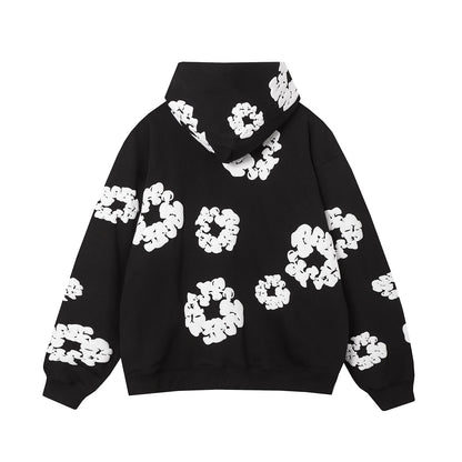 Sweat à capuche noir en coton avec motif de déchirures de denim et couronne