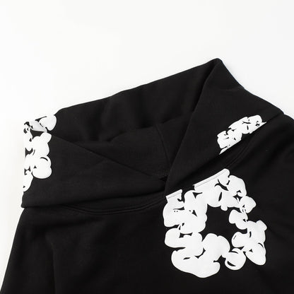 Sweat à capuche noir en coton avec motif de déchirures de denim et couronne