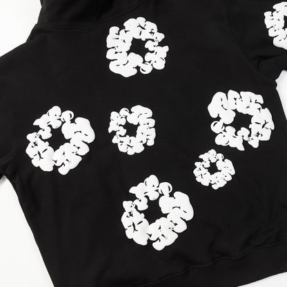 Sweat à capuche noir en coton avec motif de déchirures de denim et couronne