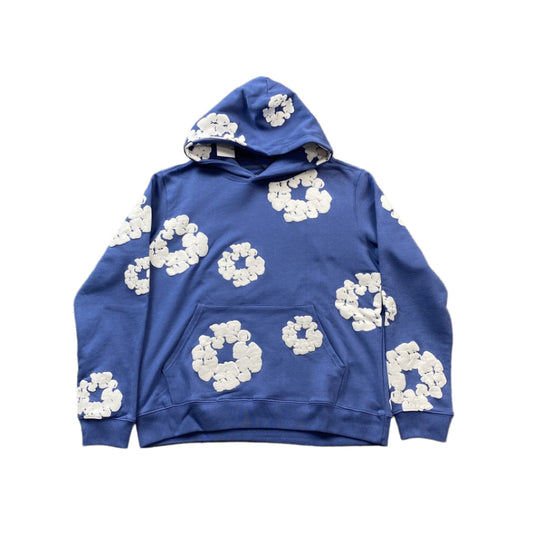 Sweat à capuche bleu en coton avec motif de déchirures de denim