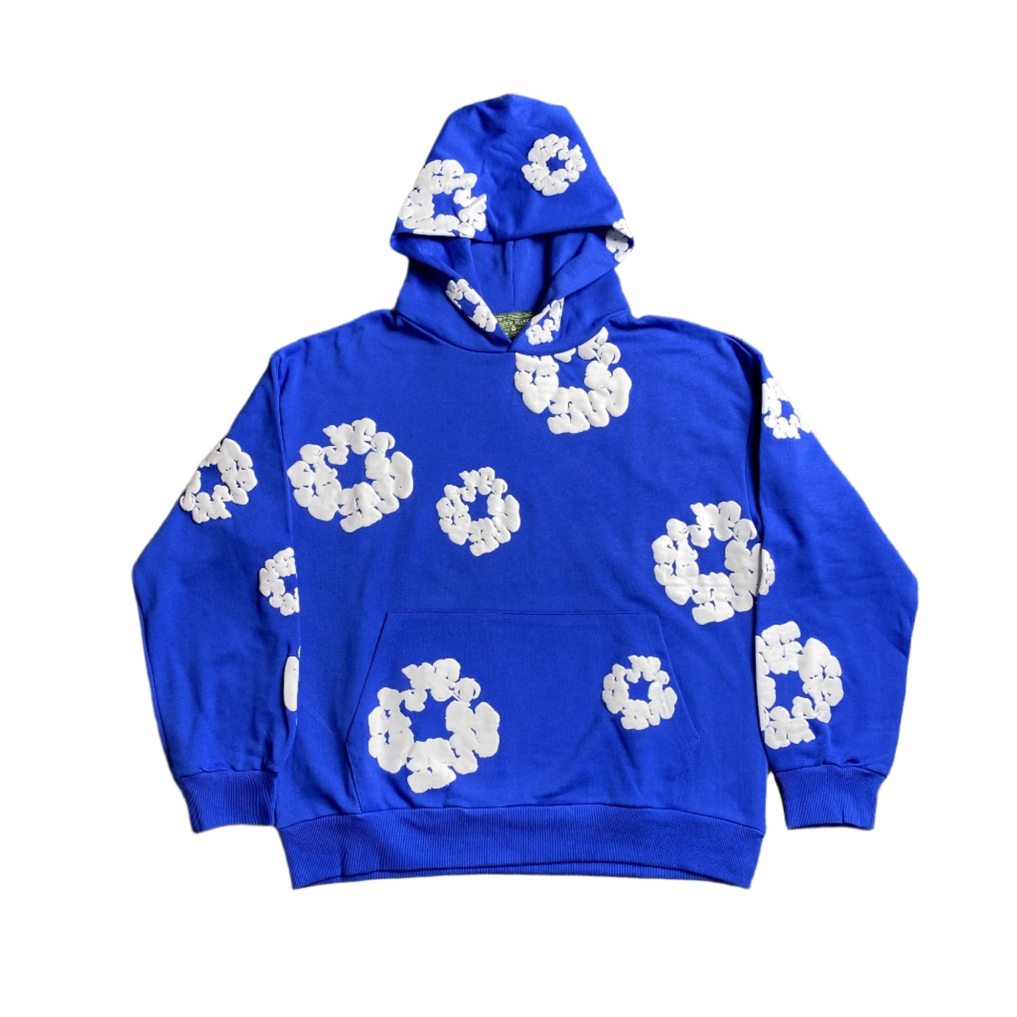 Sweat à capuche en coton bleu foncé à motif de déchirures de denim