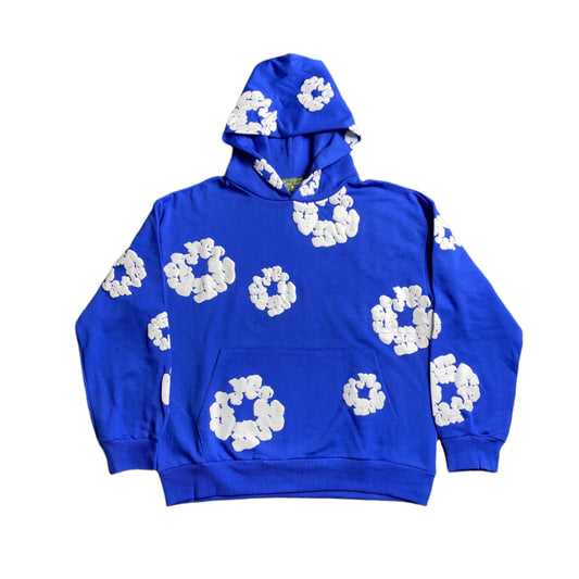 Sweat à capuche en coton bleu foncé à motif de déchirures de denim