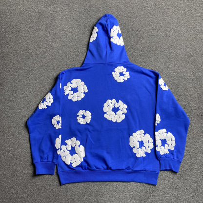 Sweat à capuche en coton bleu foncé à motif de déchirures de denim