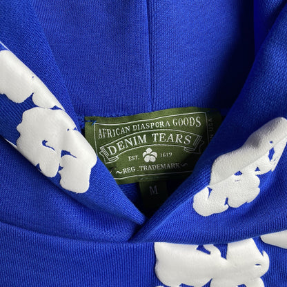 Sweat à capuche en coton bleu foncé à motif de déchirures de denim