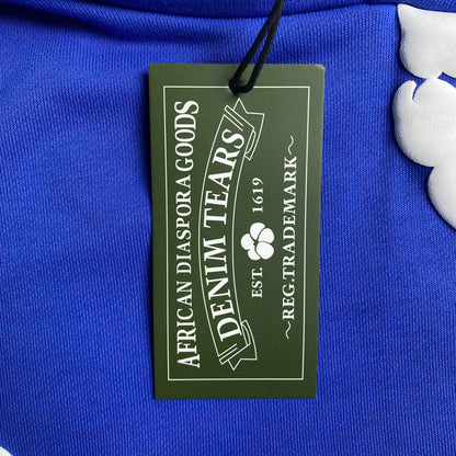 Sweat à capuche en coton bleu foncé à motif de déchirures de denim