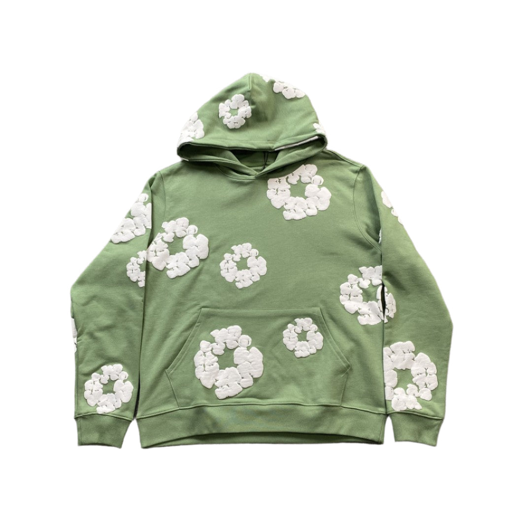 Sweat à capuche en coton vert clair avec motif de larmes de denim