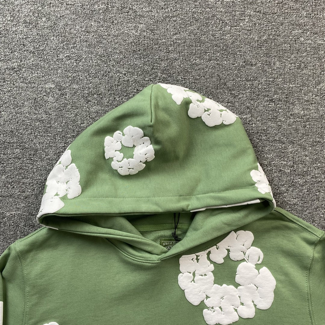 Sweat à capuche en coton vert clair avec motif de larmes de denim