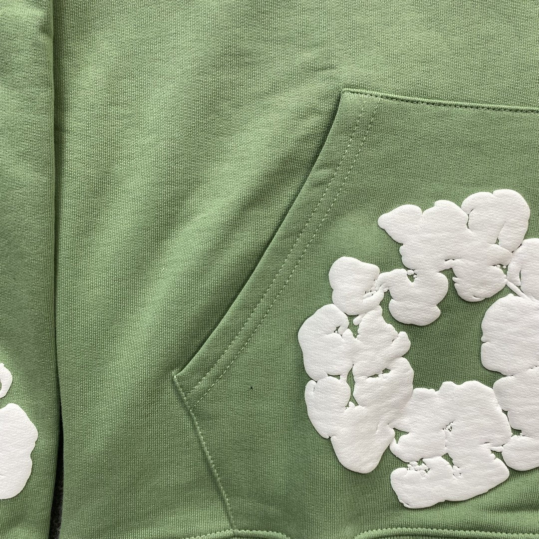 Sweat à capuche en coton vert clair avec motif de larmes de denim