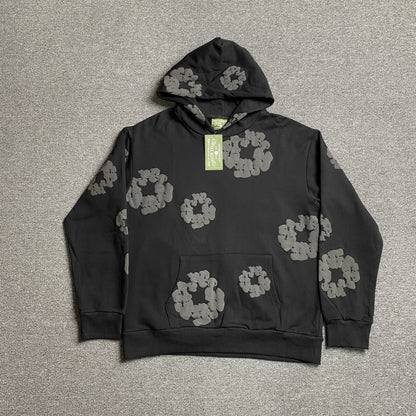 Sweat à capuche en coton avec couronne de denim déchirée, monochrome noir