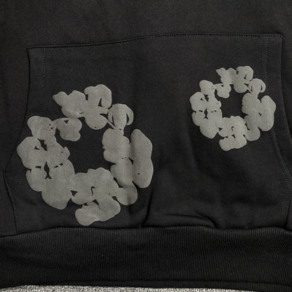 Sweat à capuche en coton avec couronne de denim déchirée, monochrome noir
