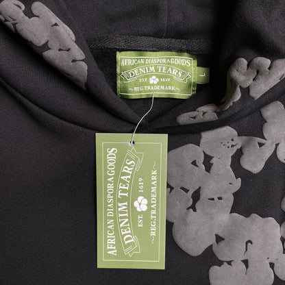 Sweat à capuche en coton avec couronne de denim déchirée, monochrome noir