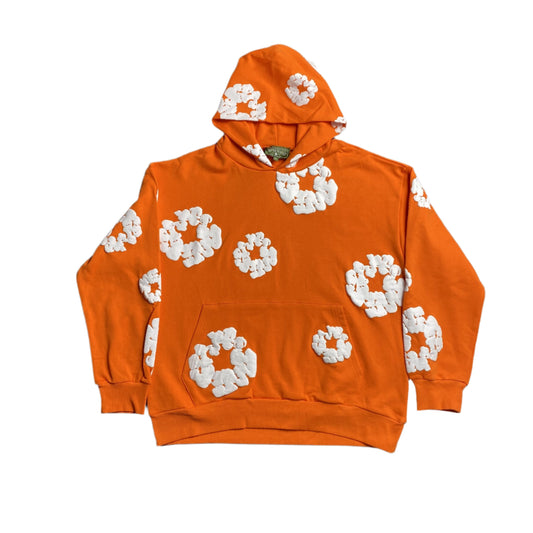 Sweat à capuche orange en coton avec motif de déchirures de denim