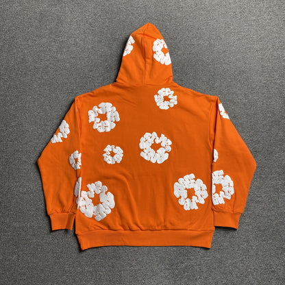 Sweat à capuche orange en coton avec motif de déchirures de denim