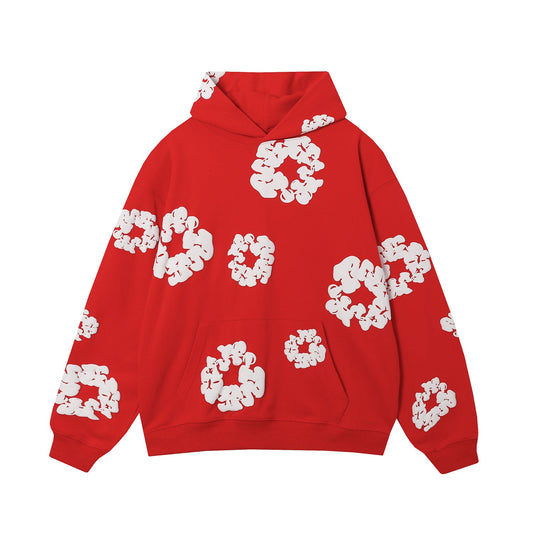 Sweat à capuche rouge en coton avec motif de déchirures de denim