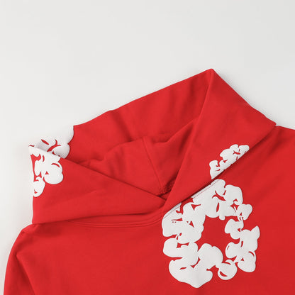 Sweat à capuche rouge en coton avec motif de déchirures de denim