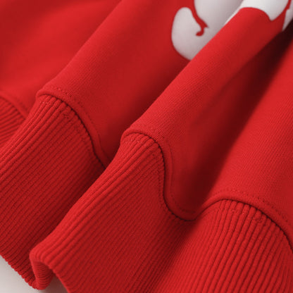 Sweat à capuche rouge en coton avec motif de déchirures de denim