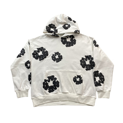 Sweat à capuche blanc en coton avec motif de déchirures de denim