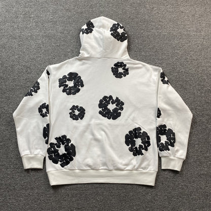 Sweat à capuche blanc en coton avec motif de déchirures de denim